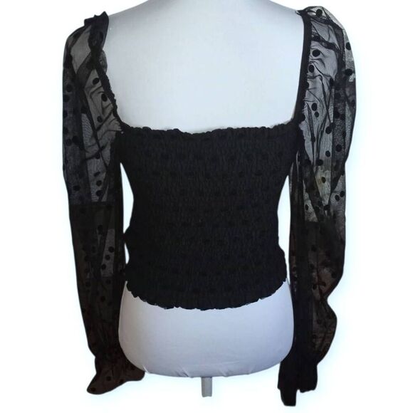 FOREVER 21 BLACK CROP SMOCKED MESH PUFF SLEEVE TOP SZ.M EUC - Picture 3 of 5